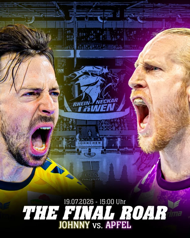 Grafik des Abschiedsspiels ,,THE FINAL ROAR - Johnny vs. Apfel. Patrick Groetzki und Mikael Appelgren brüllen sich an.