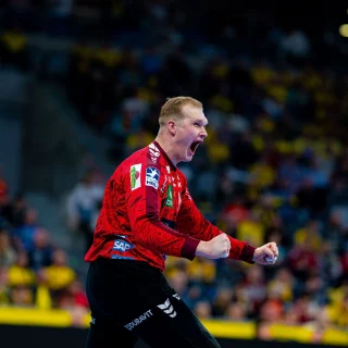 David Späth beim Freudenschrei zum Heimspiel gegen Lemgo Lippe.