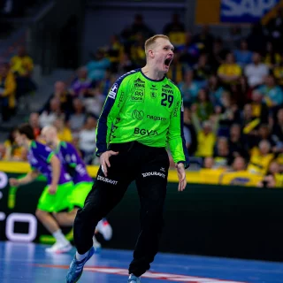 David Späth beim Freudenschrei im Heimspiel gegen den BHC.