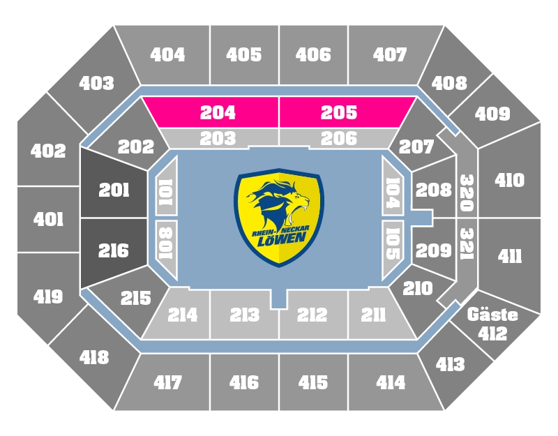 Eine Grafik der Blöcke in der SAP Arena, mit farblich markiertem Block des Business Clubs.