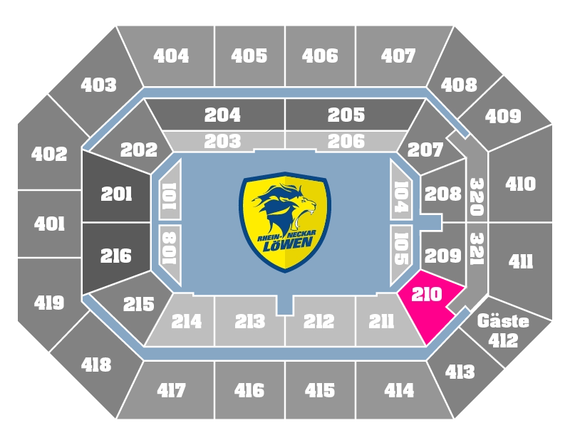 Eine Grafik der Blöcke in der SAP Arena, mit farblich markiertem Block des Company Centers.