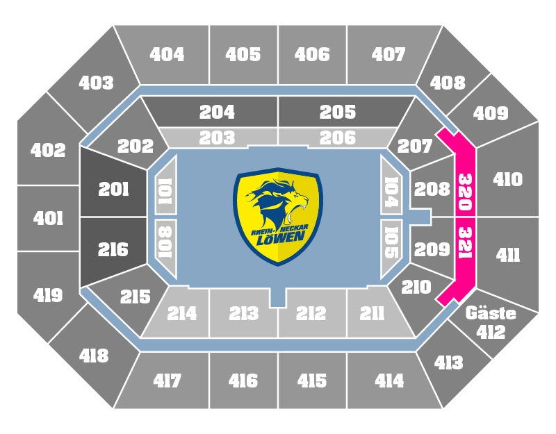 Eine Grafik der Blöcke in der SAP Arena, mit farblich markiertem Block der SKY Lounge.