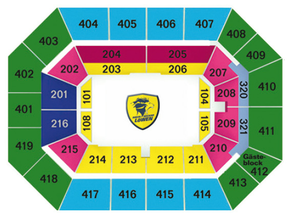 Saalplan der SAP Arena. Das Eltern-Kind-Ticket ist im Oberrang verfügbar.